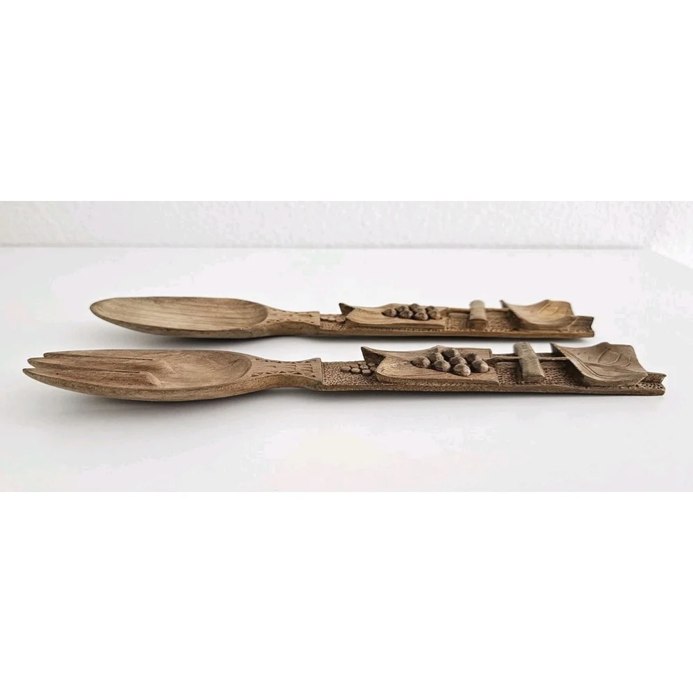 Vintage Hand Carved Wooden Salad Servers with Grape and Leaf Motifs